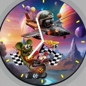 Rat Fink N Shakin Bacon Space Racing Wall Clock - Colorful Fantasy Art